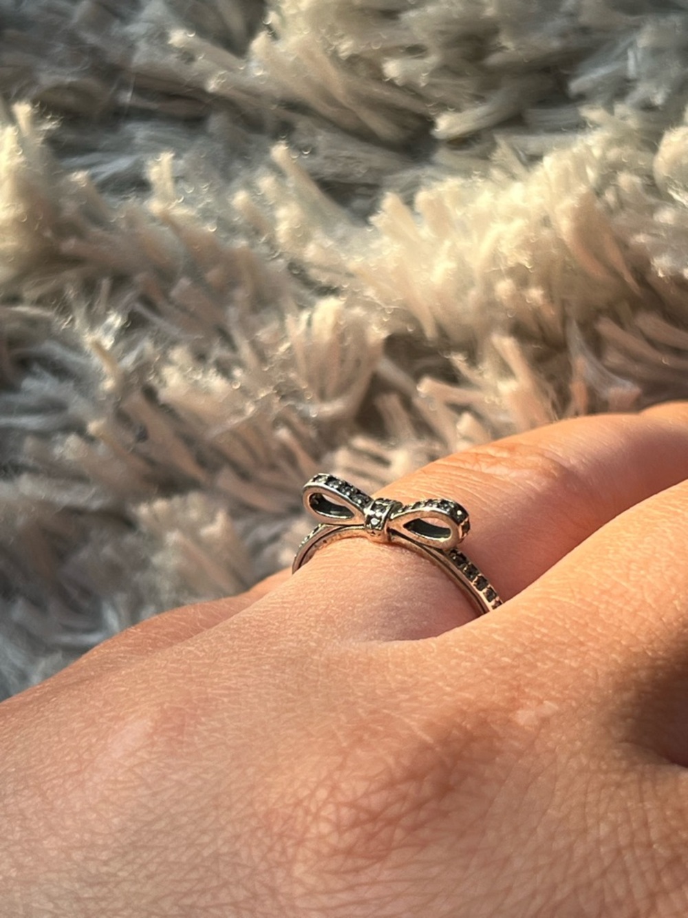 Pandora Silver Bow Ring with Black Stones